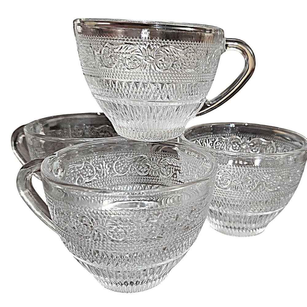 Set of 4 Cups, Four Vintage Embossed Glass Teacups, Coffee Cups, Tea Cup Set,